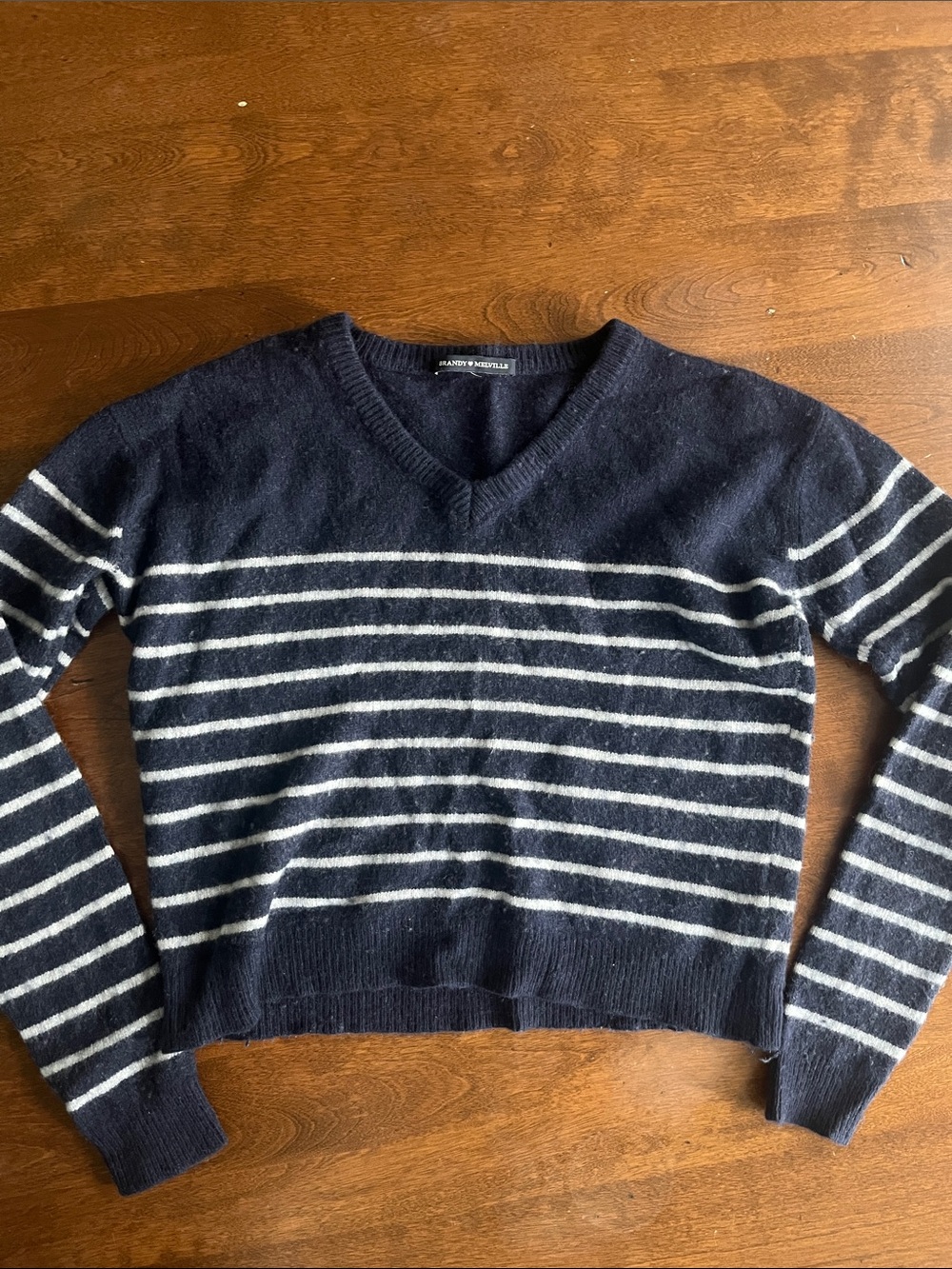Brandy Melville Navy and White Striped V-Neck Pullover Sweater